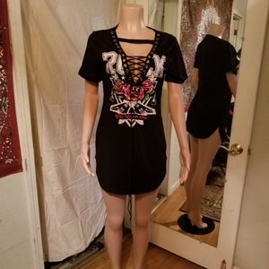 Black Lace Up Front "Rock Will Never Die" Mini Shirt Dress Xl